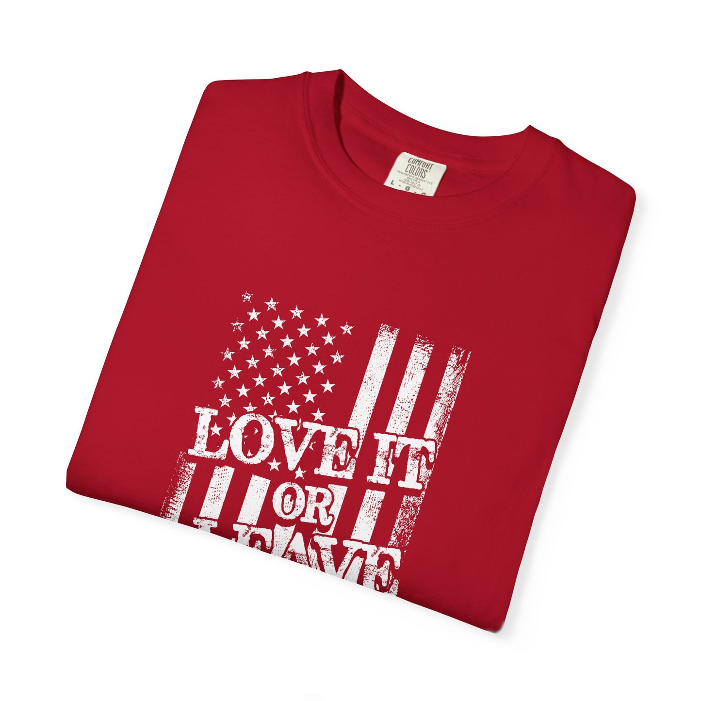 Patriotic T-Shirt with Vintage US Flag Design, Love It or Leave It Tee, Casual Wear, Gift for Veterans, July 4th Celebration