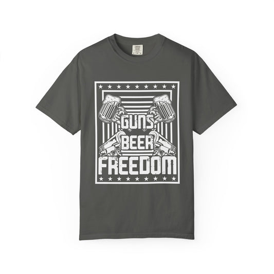 Guns Beer Freedom Graphic T-Shirt, Unisex Tee for Beer Lovers, Patriotic Shirt, Casual Everyday Wear, Independence Day Gift