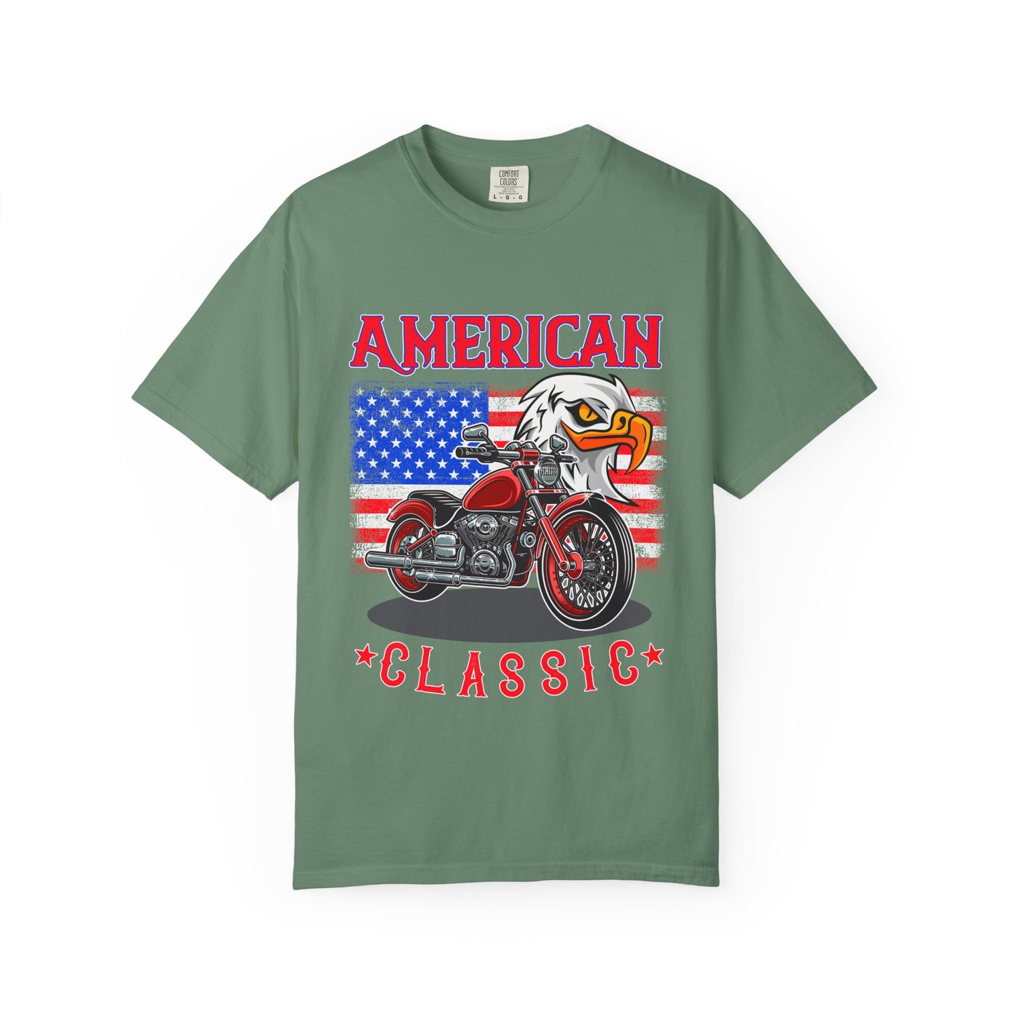 American Classic Motorcycle T-shirt, Garment-Dyed Tee, Patriotic Shirt, Unisex Vintage Style, Perfect for Bike Lovers, Holiday Gift