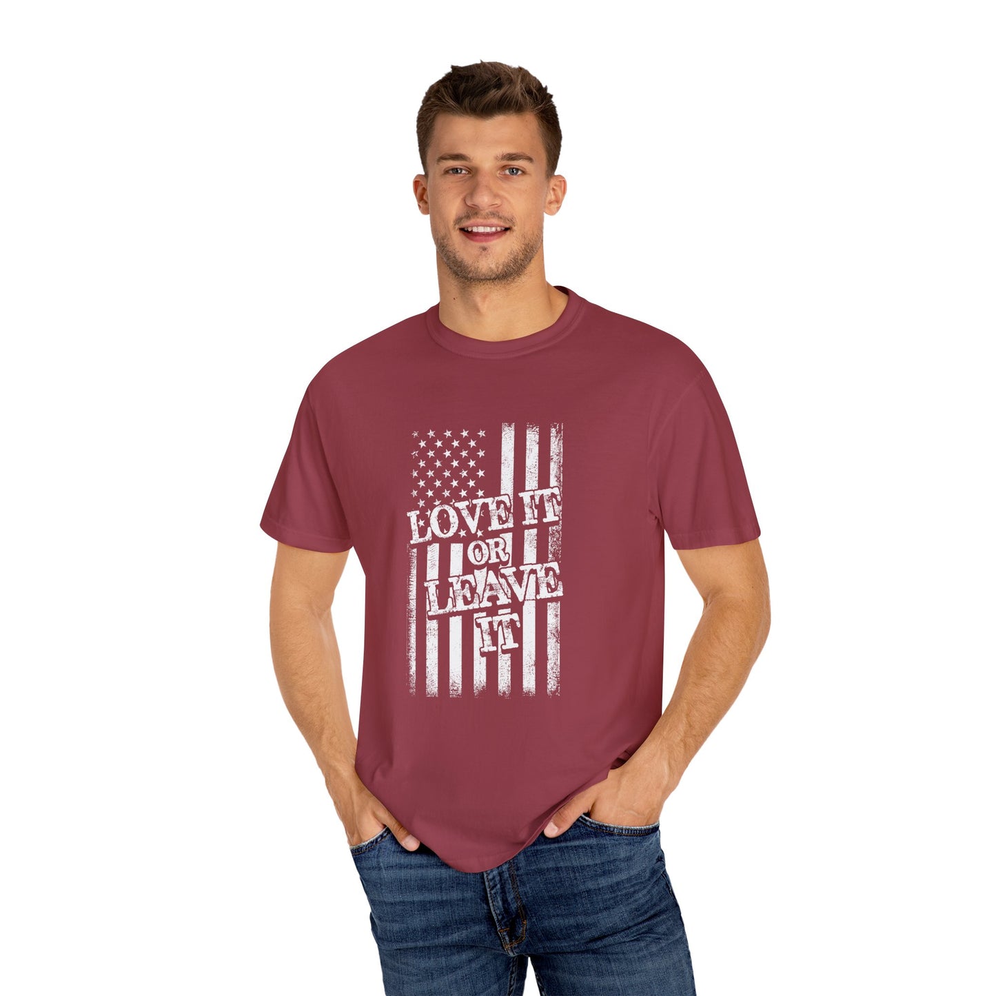 Patriotic T-Shirt with Vintage US Flag Design, Love It or Leave It Tee, Casual Wear, Gift for Veterans, July 4th Celebration