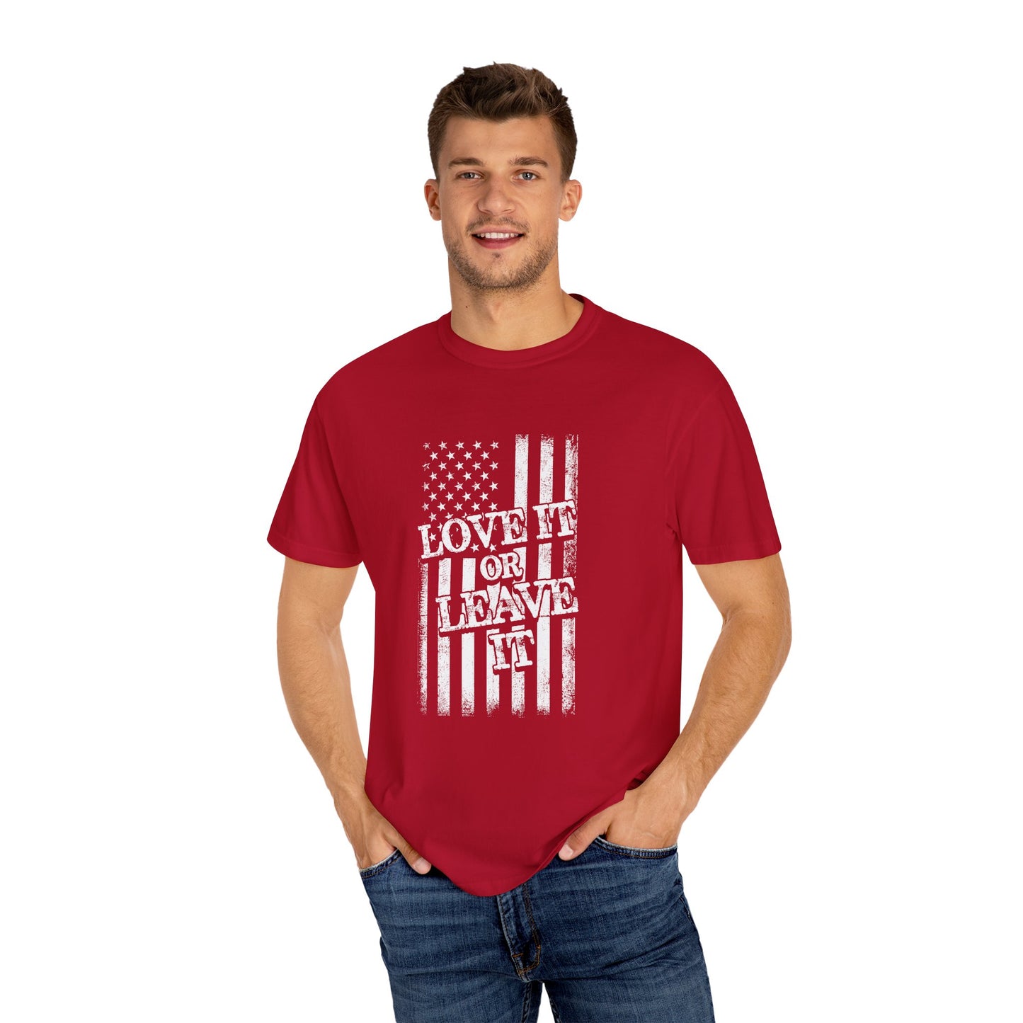 Patriotic T-Shirt with Vintage US Flag Design, Love It or Leave It Tee, Casual Wear, Gift for Veterans, July 4th Celebration