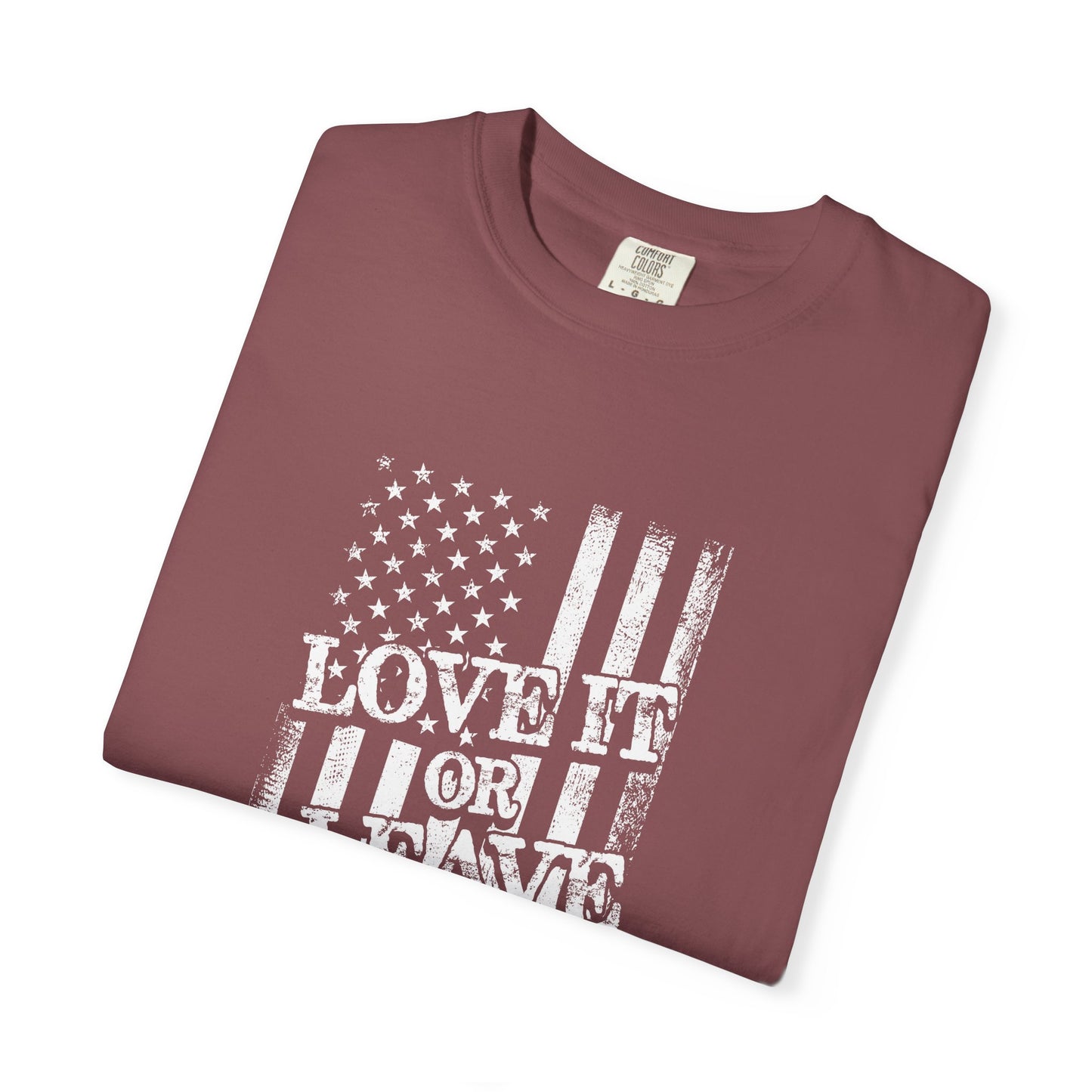 Patriotic T-Shirt with Vintage US Flag Design, Love It or Leave It Tee, Casual Wear, Gift for Veterans, July 4th Celebration