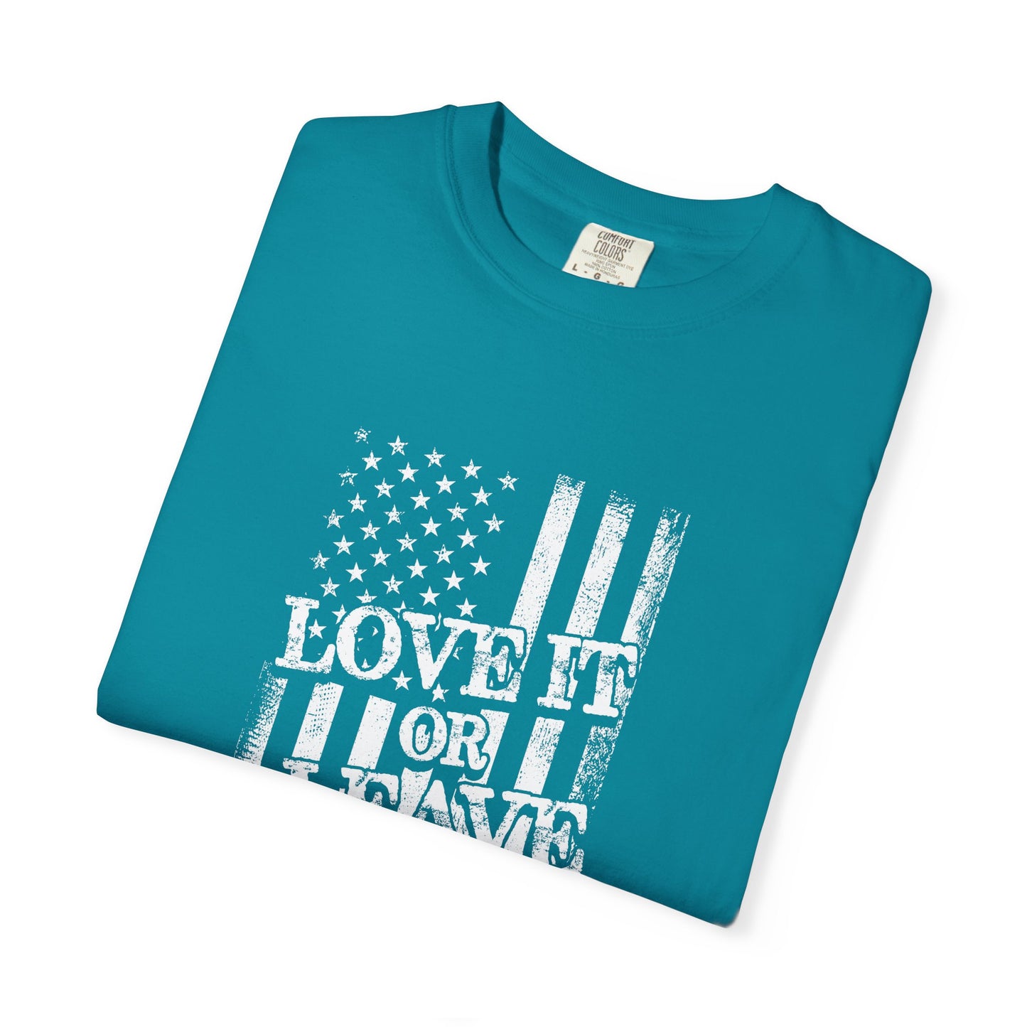 Patriotic T-Shirt with Vintage US Flag Design, Love It or Leave It Tee, Casual Wear, Gift for Veterans, July 4th Celebration