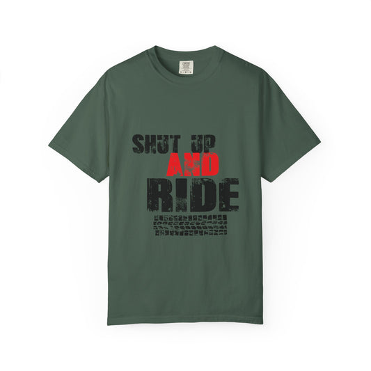 Unisex Graphic T-Shirt with 'Shut Up and Ride' Design, Perfect for Riders, Gift for Motorcycle Enthusiasts, Casual Wear, Outdoor Activities