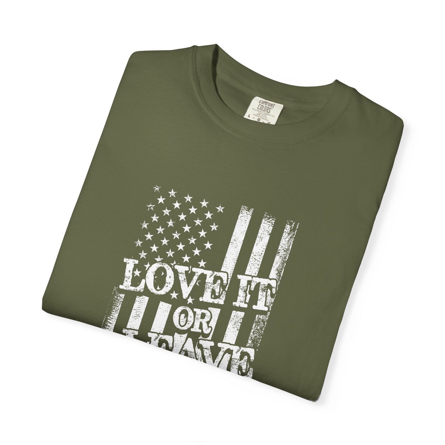 Patriotic T-Shirt with Vintage US Flag Design, Love It or Leave It Tee, Casual Wear, Gift for Veterans, July 4th Celebration