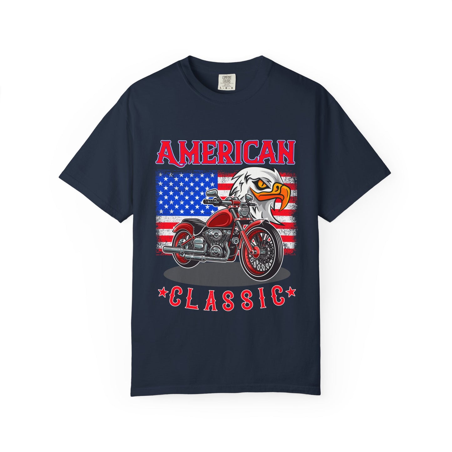 American Classic Motorcycle T-shirt, Garment-Dyed Tee, Patriotic Shirt, Unisex Vintage Style, Perfect for Bike Lovers, Holiday Gift