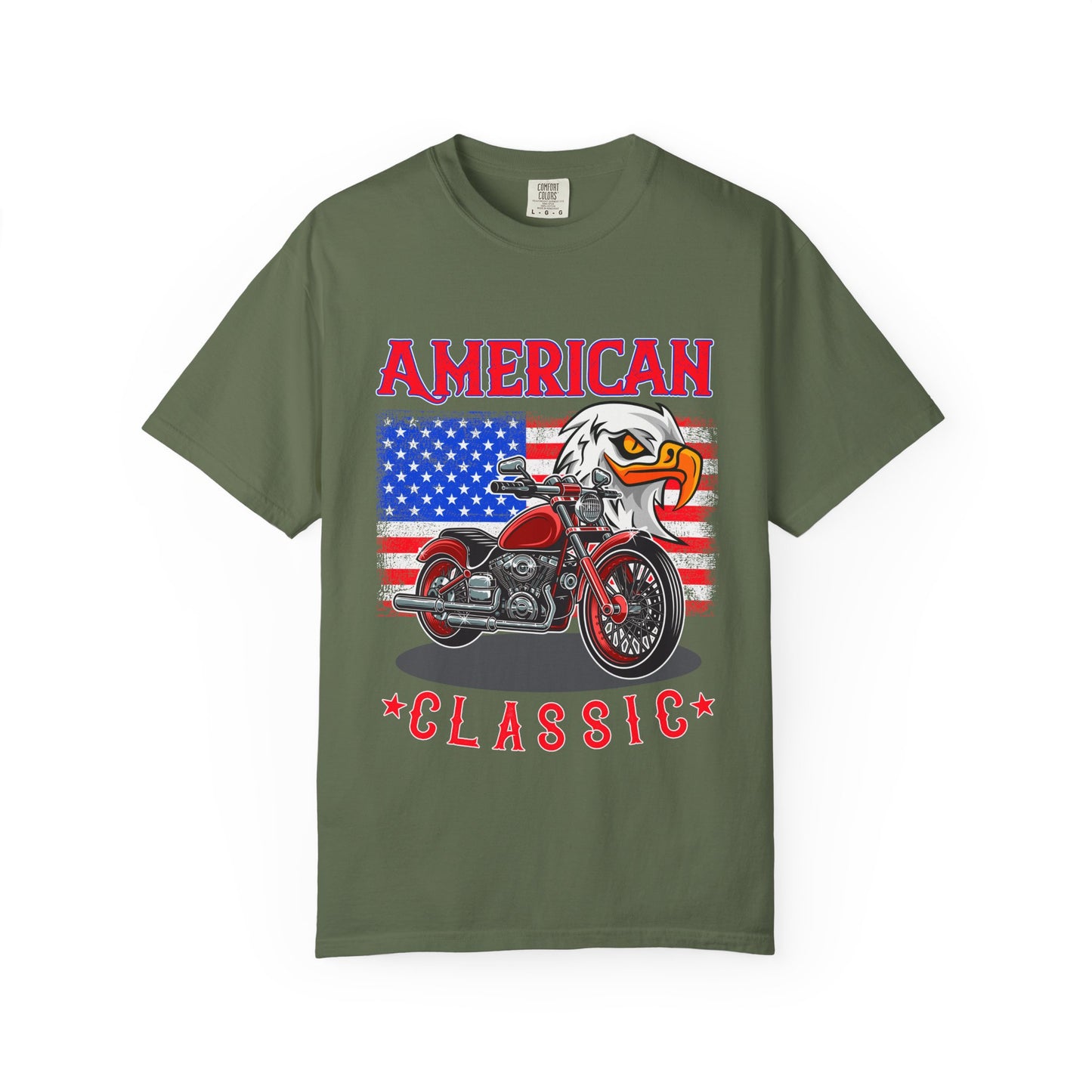 American Classic Motorcycle T-shirt, Garment-Dyed Tee, Patriotic Shirt, Unisex Vintage Style, Perfect for Bike Lovers, Holiday Gift