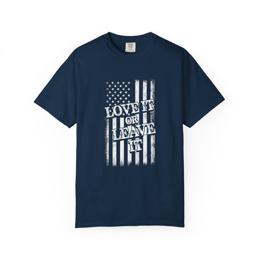 Patriotic T-Shirt with Vintage US Flag Design, Love It or Leave It Tee, Casual Wear, Gift for Veterans, July 4th Celebration