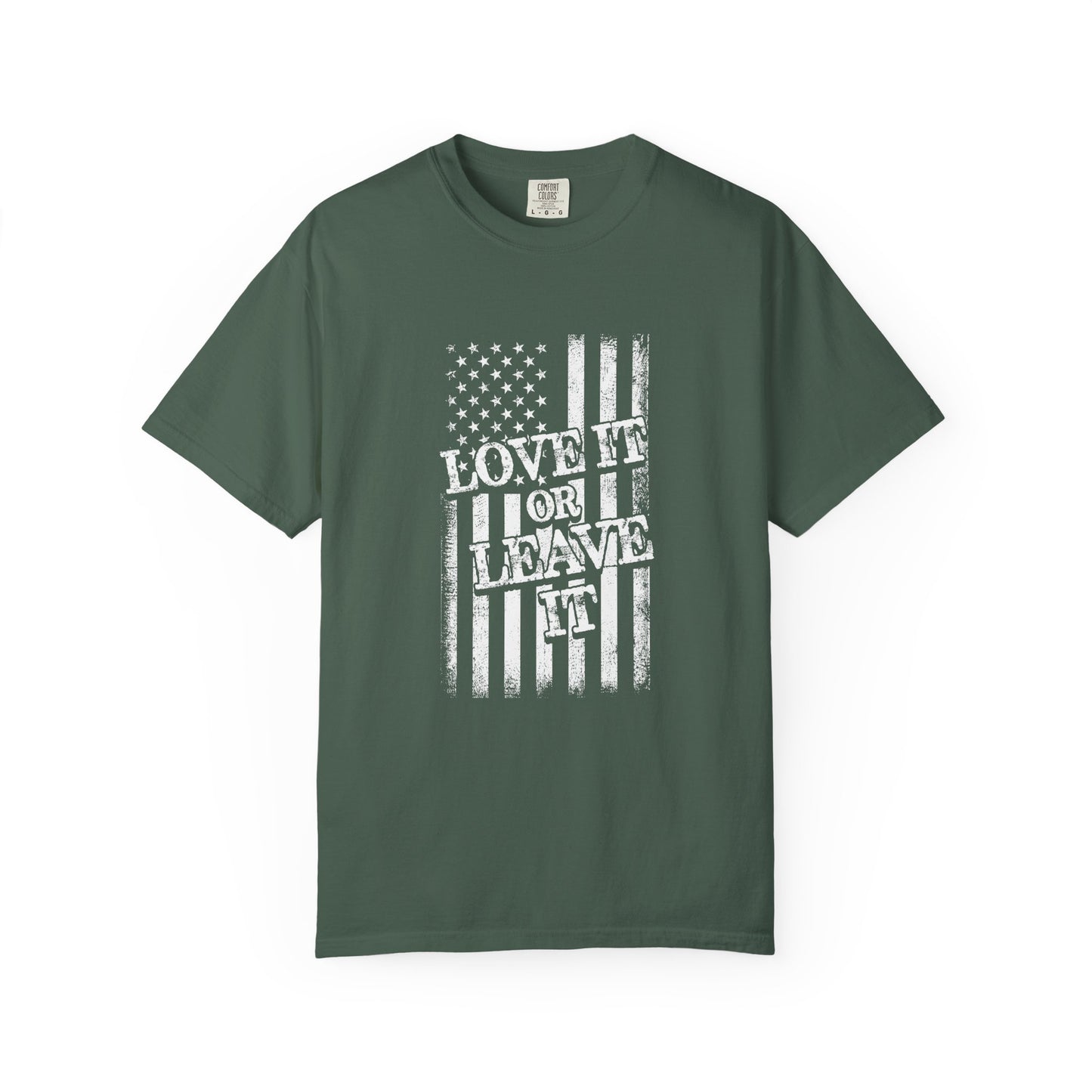 Patriotic T-Shirt with Vintage US Flag Design, Love It or Leave It Tee, Casual Wear, Gift for Veterans, July 4th Celebration