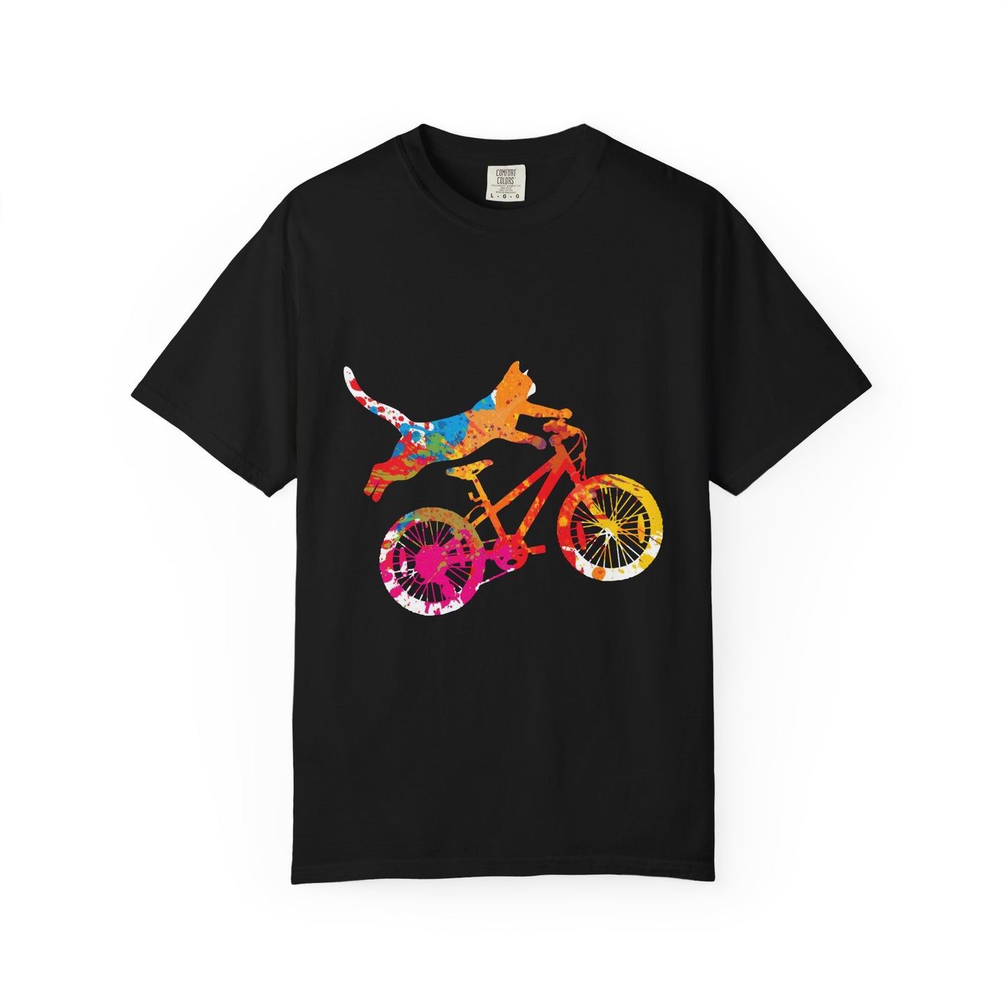 Colorful Dog on Bicycle T-shirt, Unisex Garment-Dyed Tee, Pet Lover Gift, Fun Summer Shirt, Dog Mom Apparel, Bicycle Enthusiast Tee