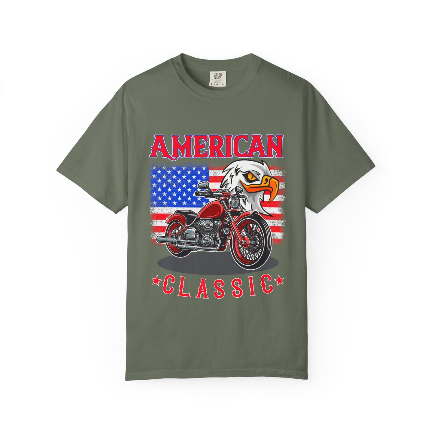 American Classic Motorcycle T-shirt, Garment-Dyed Tee, Patriotic Shirt, Unisex Vintage Style, Perfect for Bike Lovers, Holiday Gift
