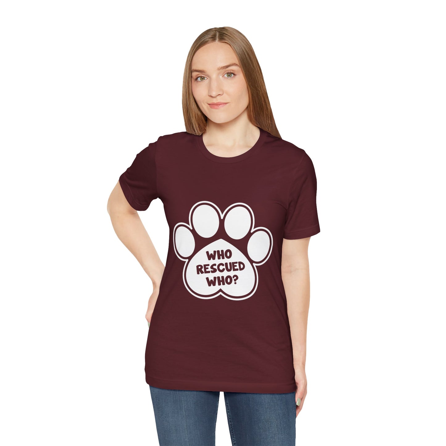 Who Rescued Who Shirt – Dog Rescue Paw Print Graphic Tee