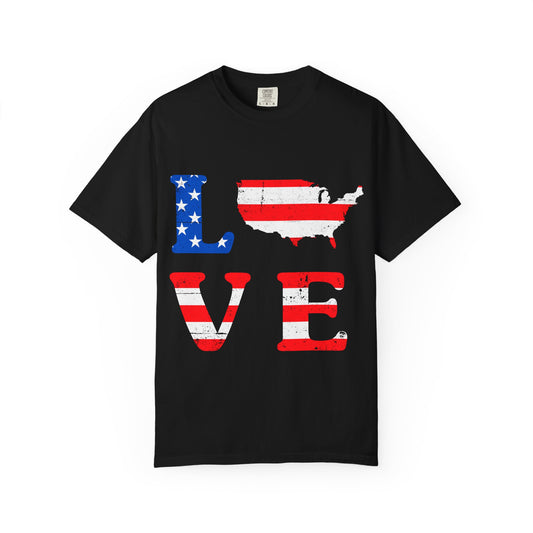 Patriotic Love T-Shirt, Unisex Tee, USA Graphic Shirt, Independence Day Apparel, Love America Shirt
