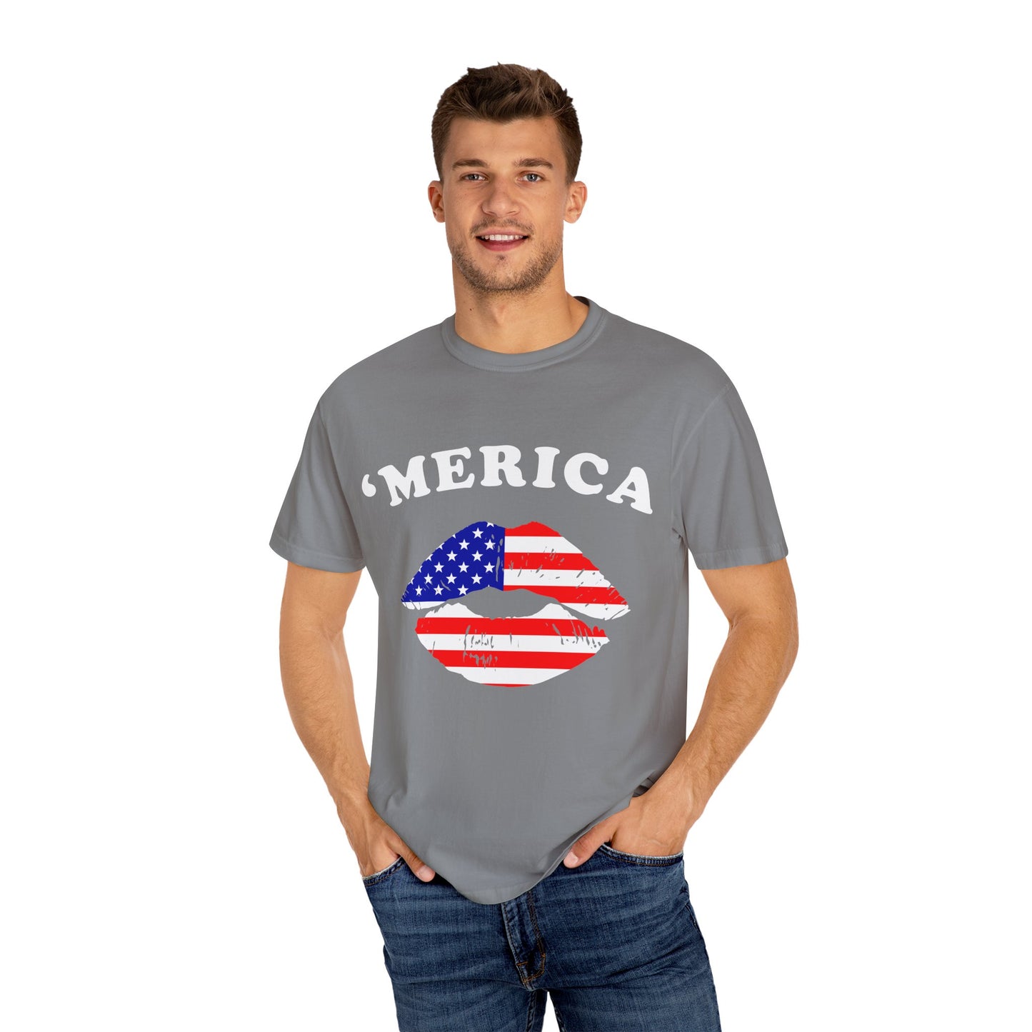 ‘Merica Lips T-Shirt – Patriotic Kiss Tee for Women Who Love Their Country Loud & Proud