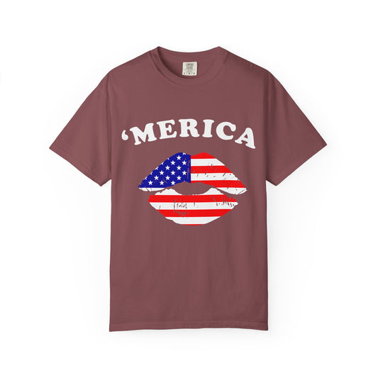 ‘Merica Lips T-Shirt – Patriotic Kiss Tee for Women Who Love Their Country Loud & Proud