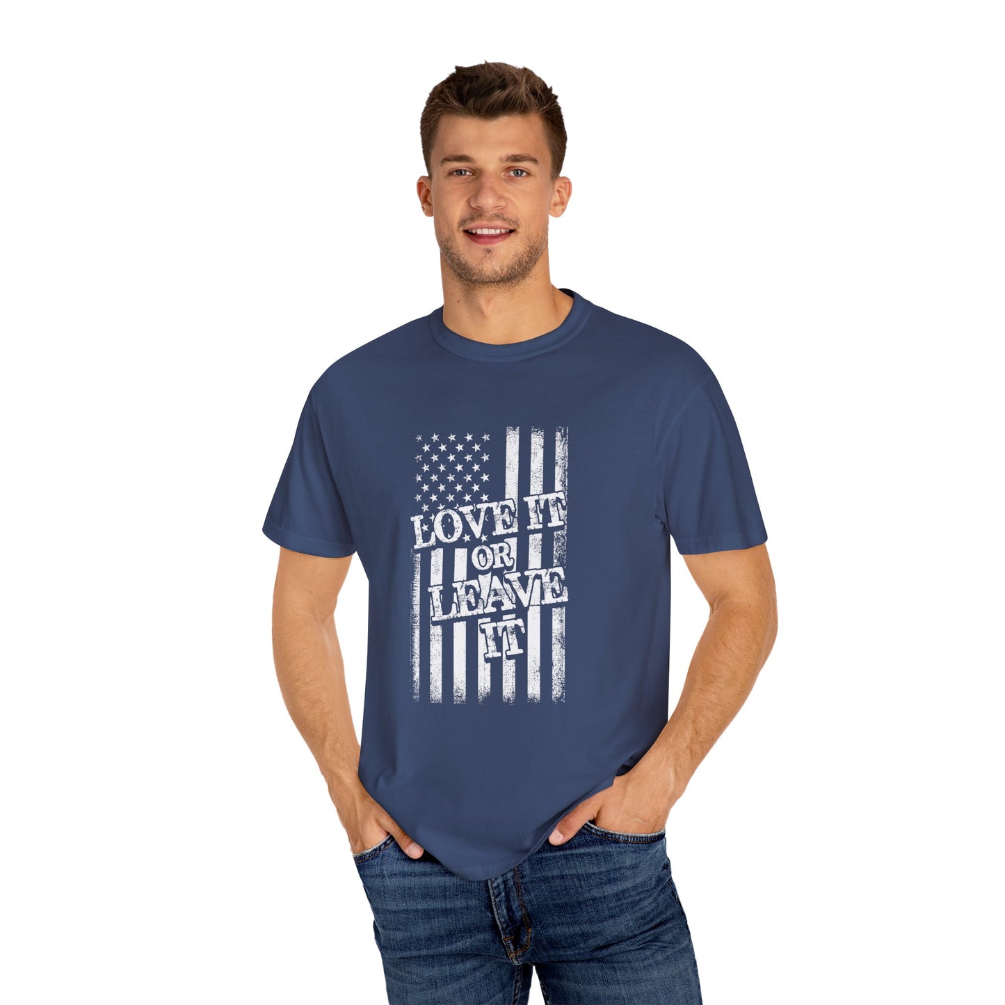 Patriotic T-Shirt with Vintage US Flag Design, Love It or Leave It Tee, Casual Wear, Gift for Veterans, July 4th Celebration